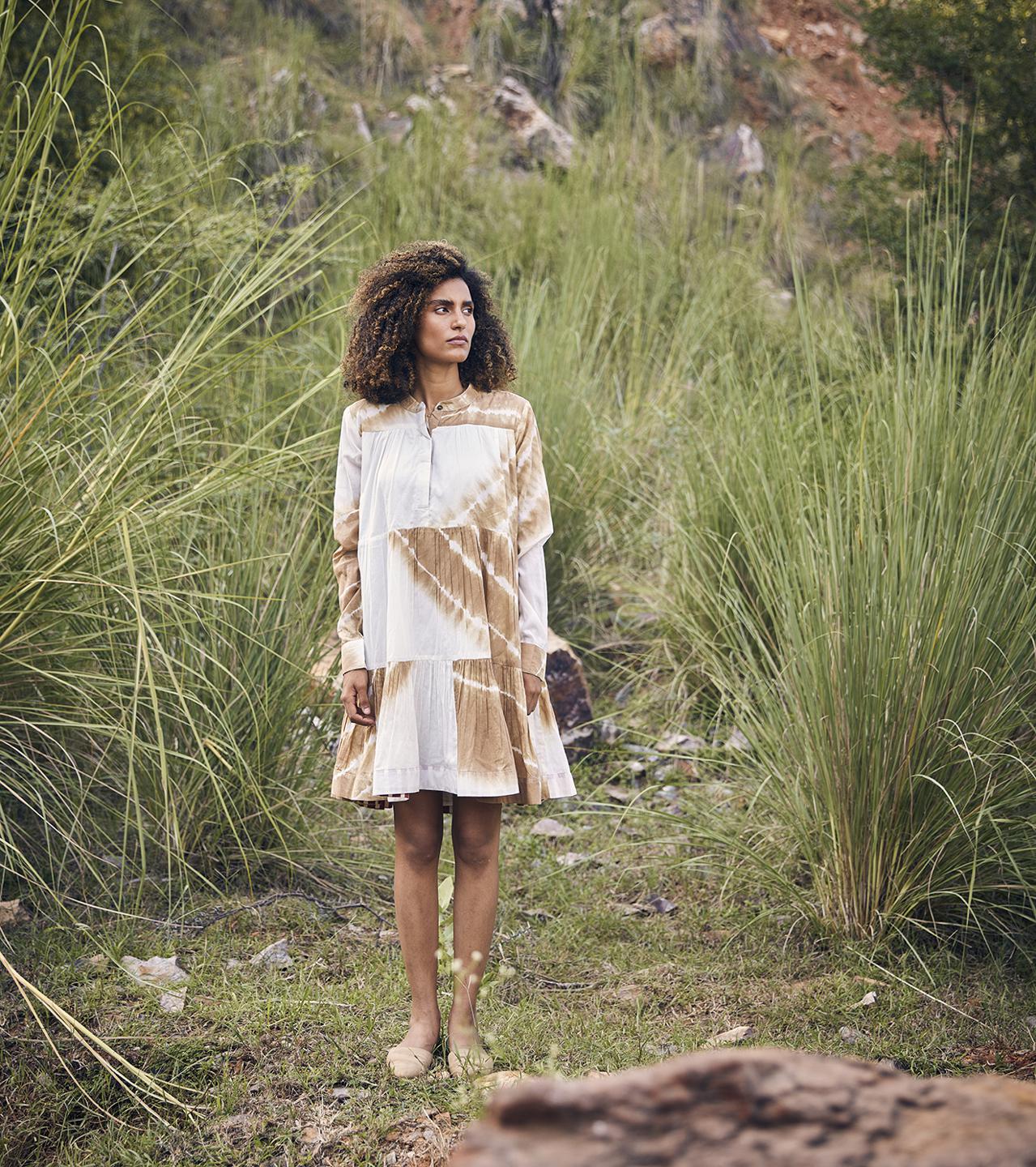white-beige-short-tiered-cotton-dress-with-side-pockets-11904038WH, Women Clothing, Cotton Dress
