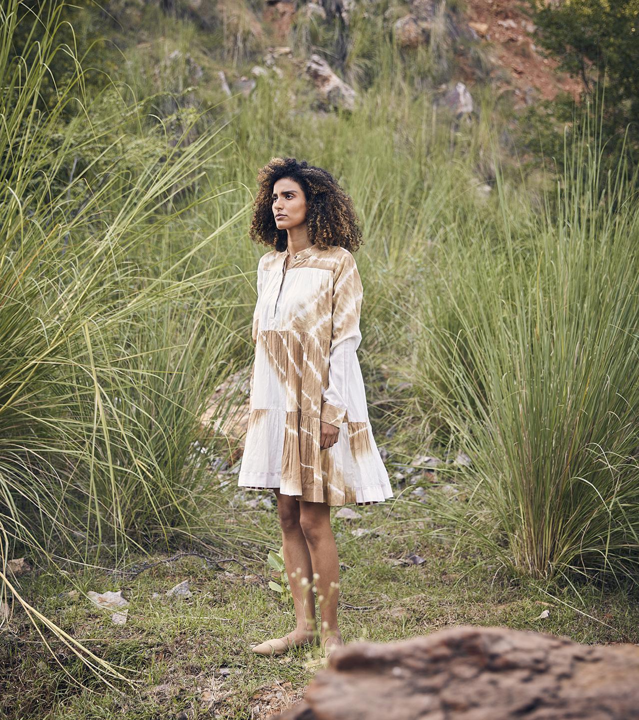 white-beige-short-tiered-cotton-dress-with-side-pockets-11904038WH, Women Clothing, Cotton Dress
