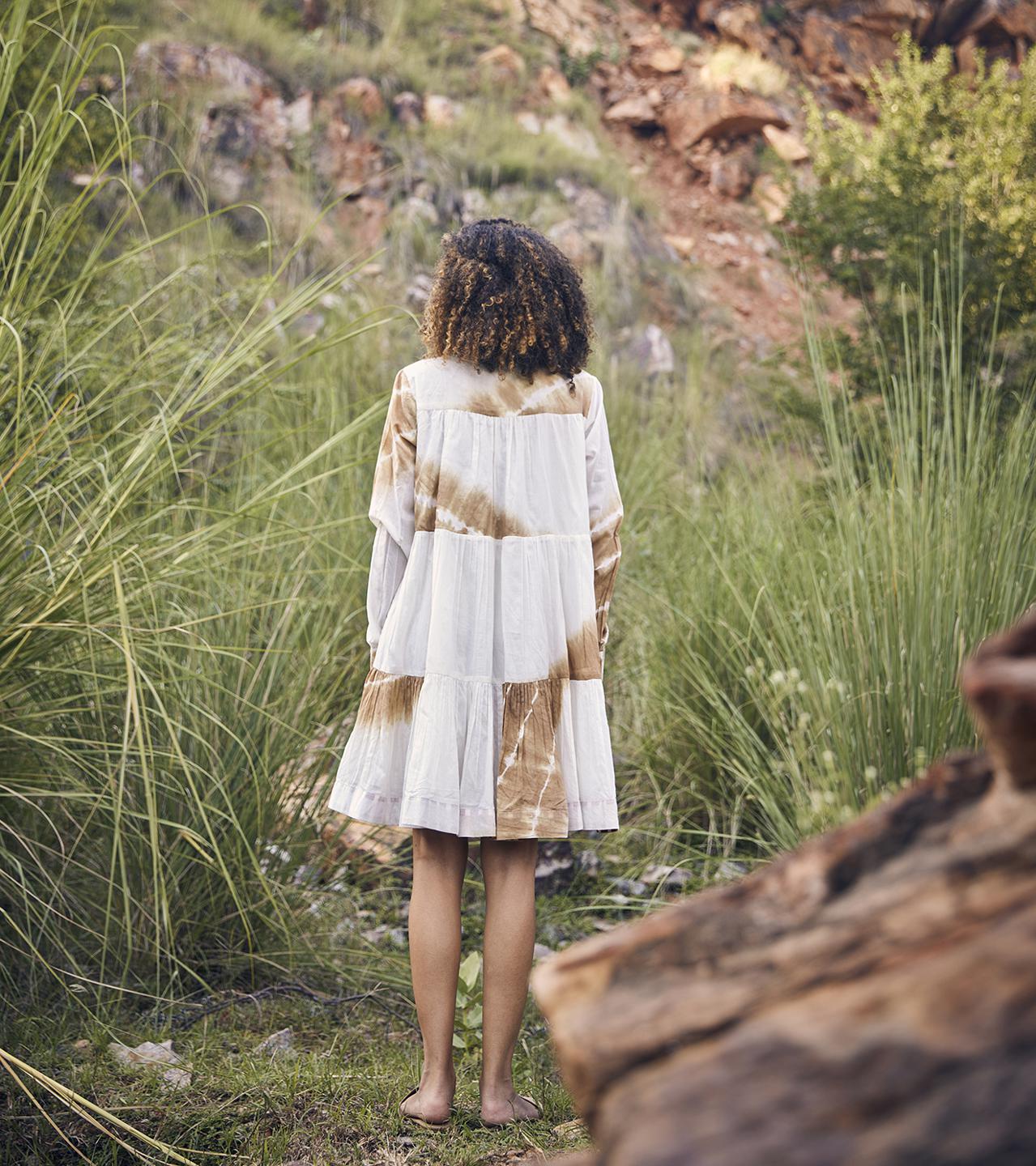 white-beige-short-tiered-cotton-dress-with-side-pockets-11904038WH, Women Clothing, Cotton Dress