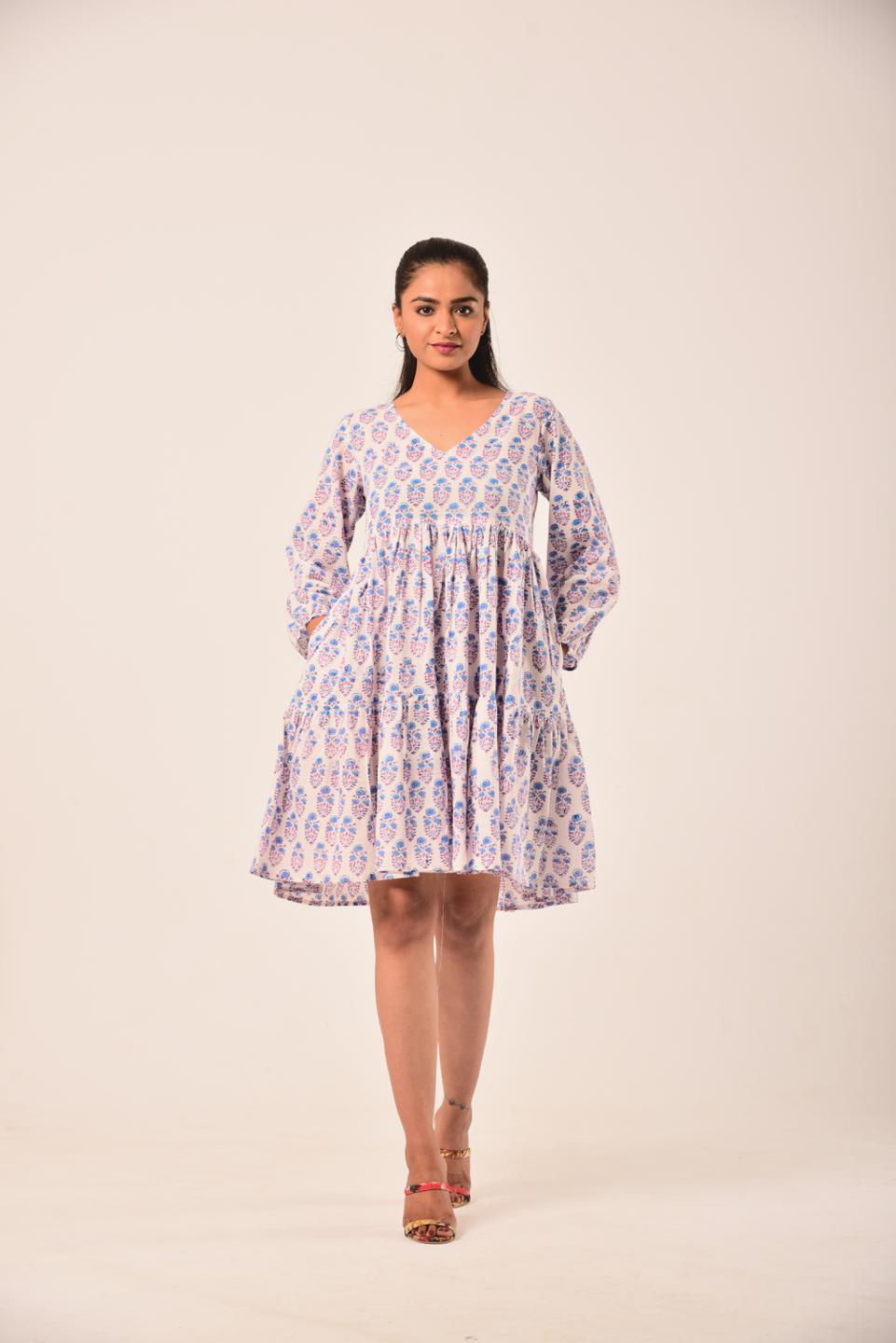 White Block Print Short Dress