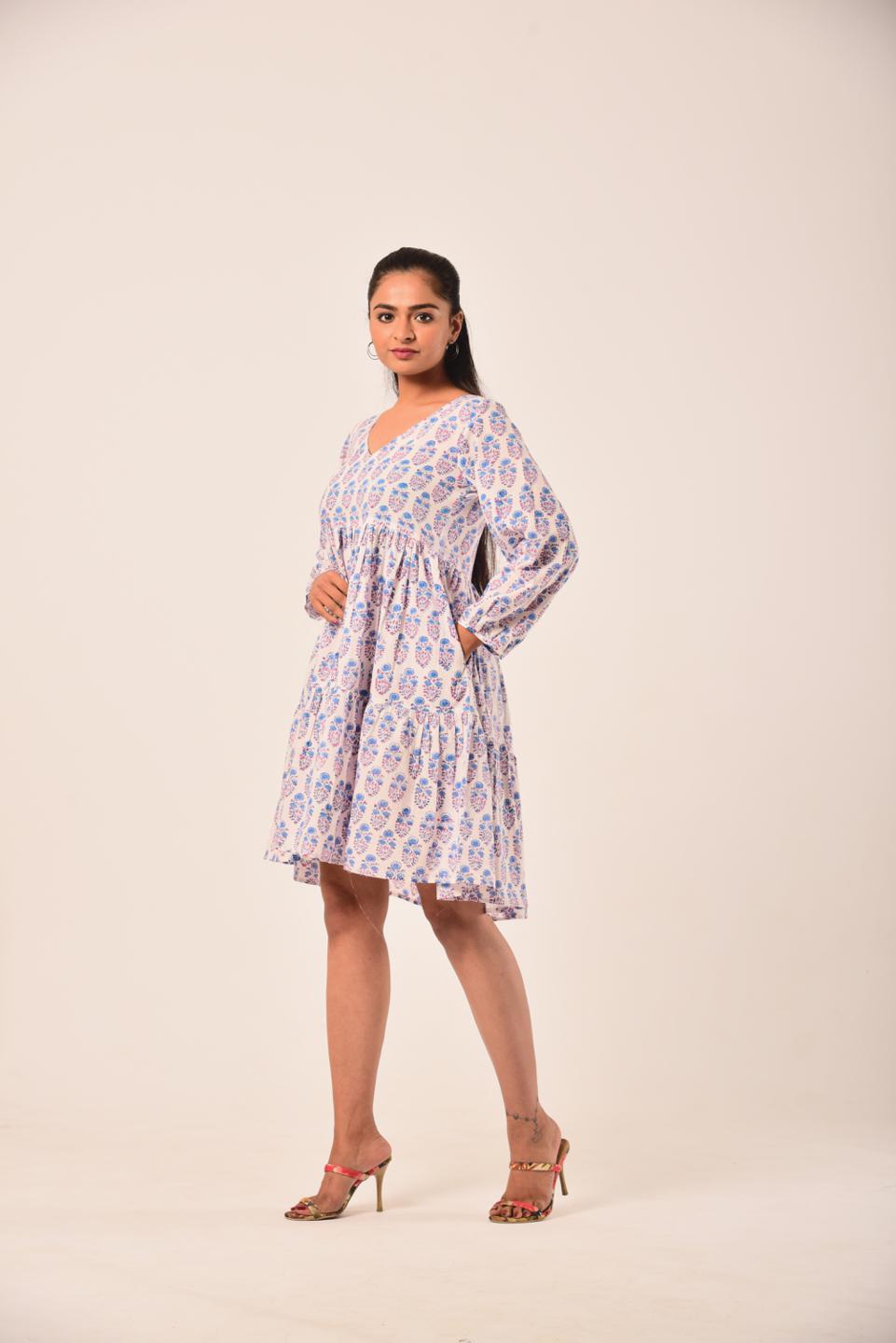 White Block Print Short Dress