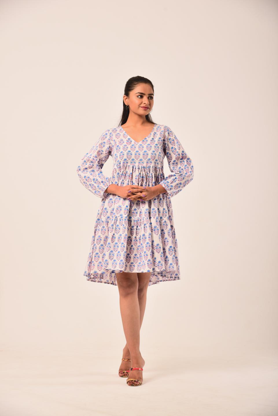 White Block Print Short Dress