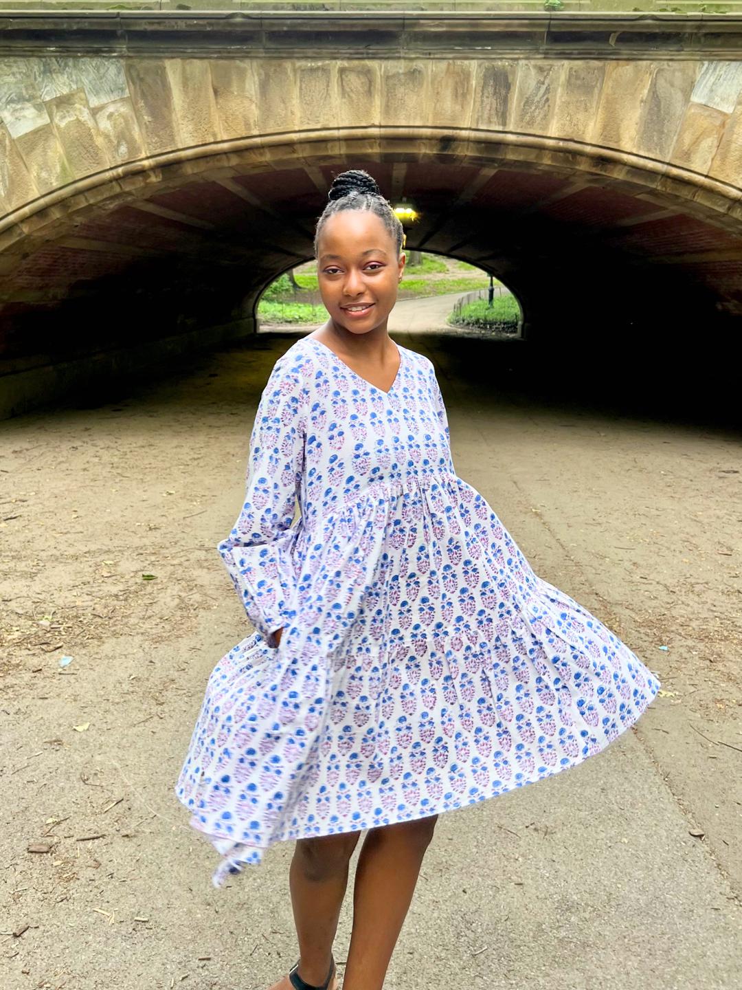 White Block Print Short Dress