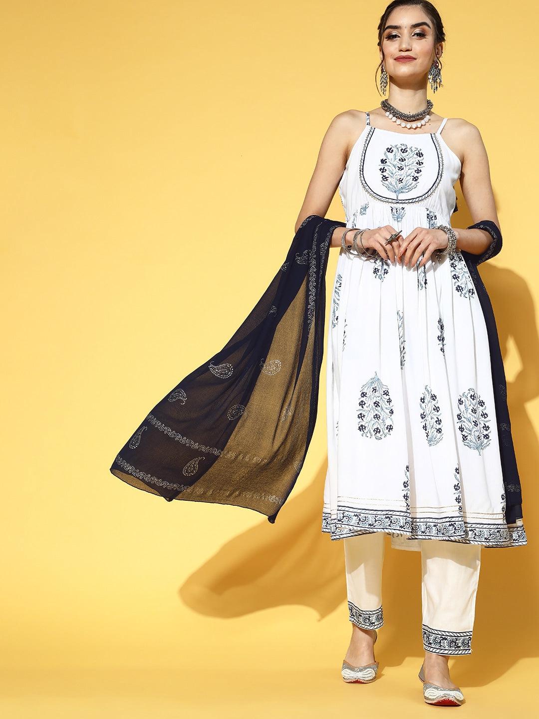 white-blue-floral-printed-dupatta-set-10103121WH, Women Indian Ethnic Clothing, Rayon Kurta Set Dupatta