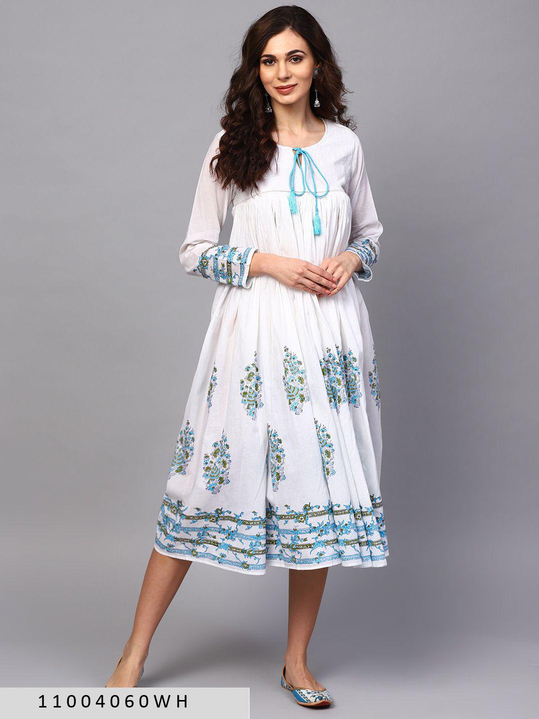 white-blue-floral-printed-flared-dress-11004060WH, Women Clothing, Cotton Dress