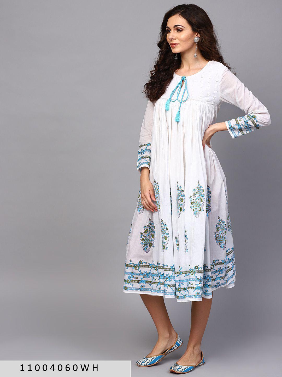 white-blue-floral-printed-flared-dress-11004060WH, Women Clothing, Cotton Dress