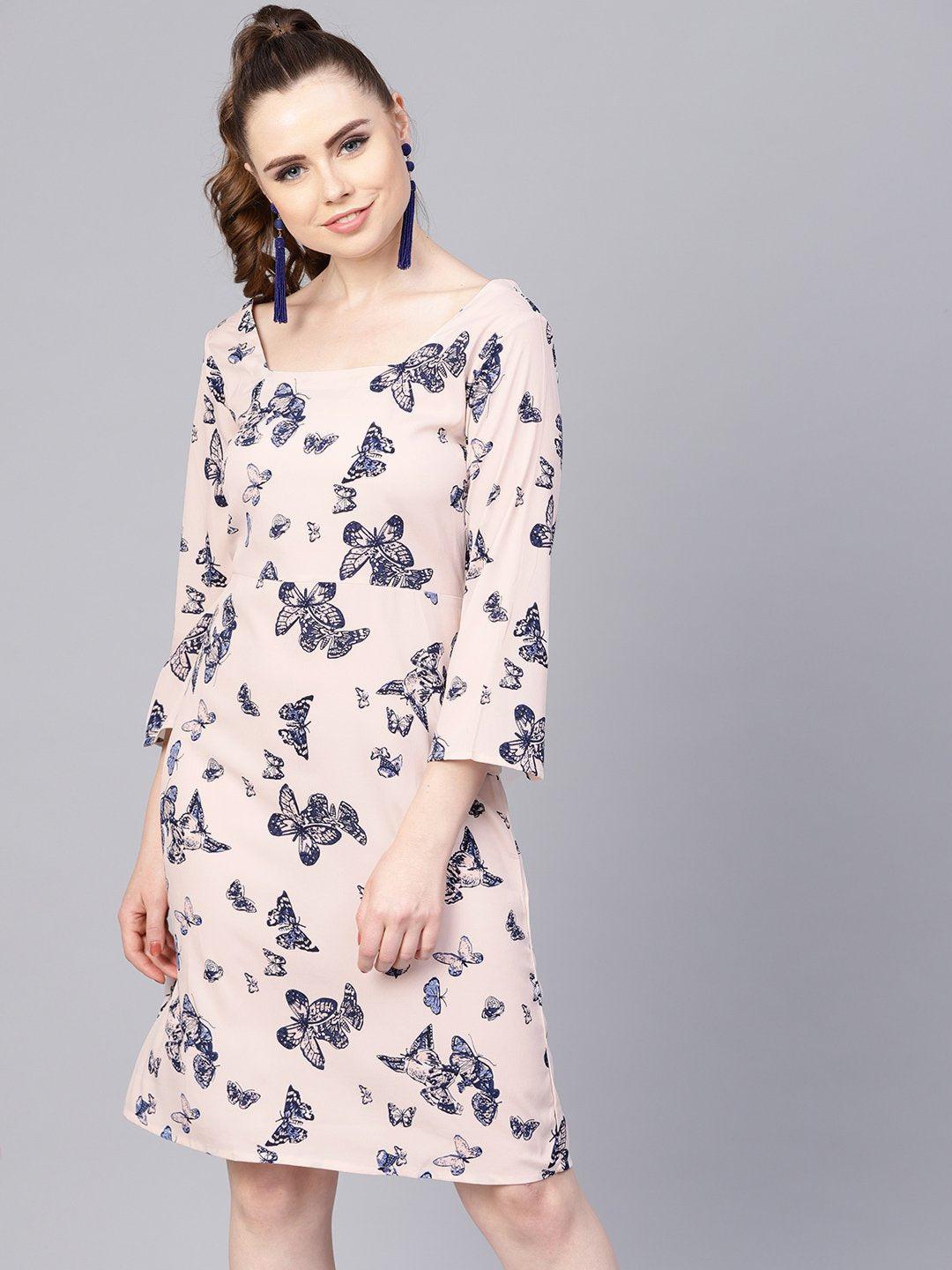 white-butterfly-printed-dress-10804010BG, Women Clothing, Crepe Dress