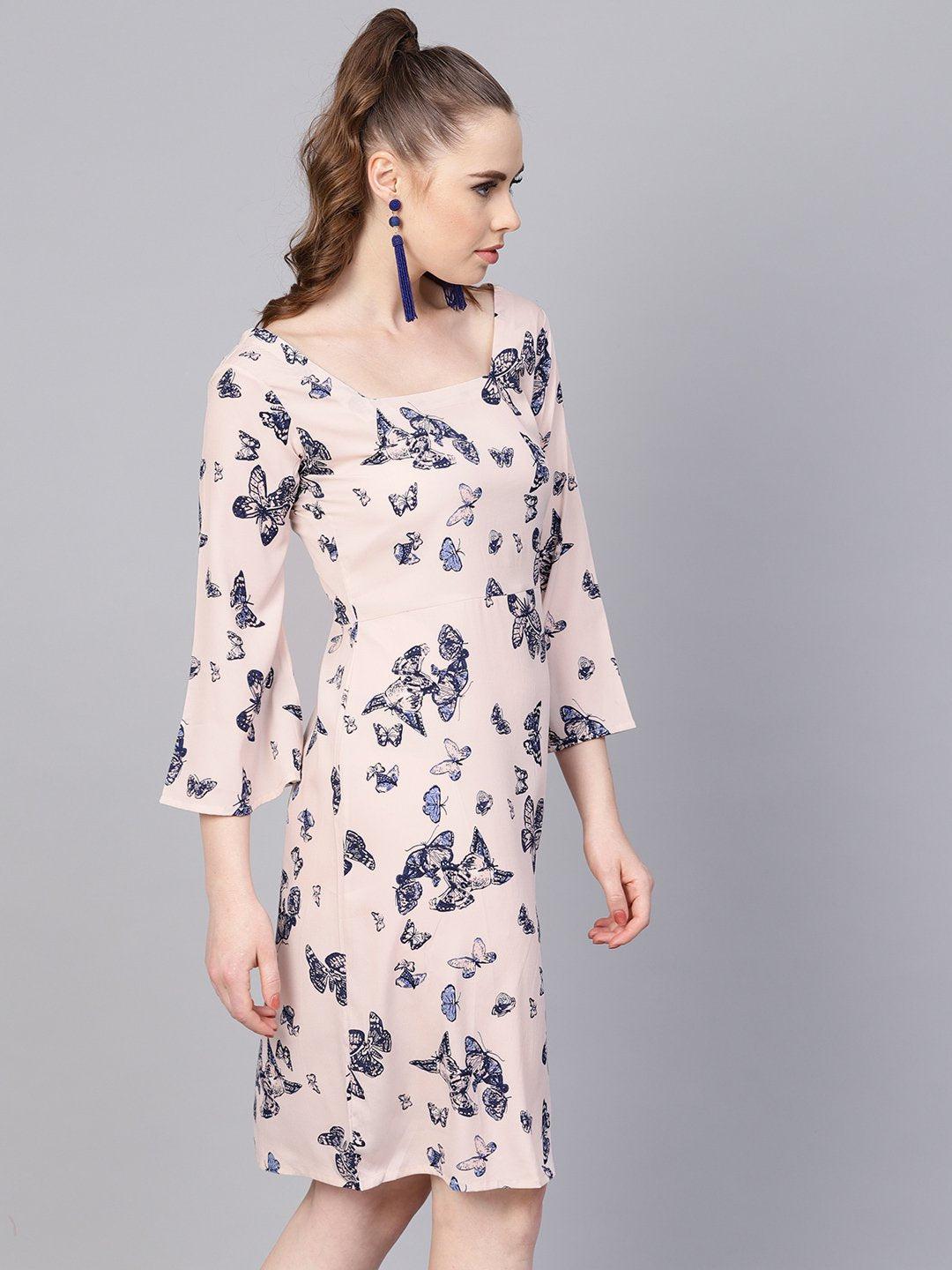 white-butterfly-printed-dress-10804010BG, Women Clothing, Crepe Dress