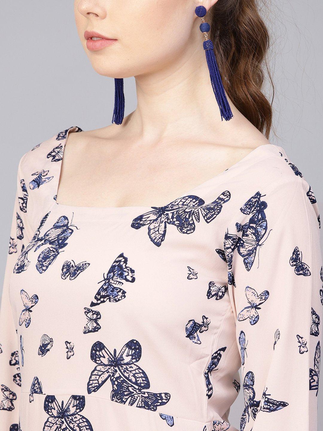 white-butterfly-printed-dress-10804010BG, Women Clothing, Crepe Dress