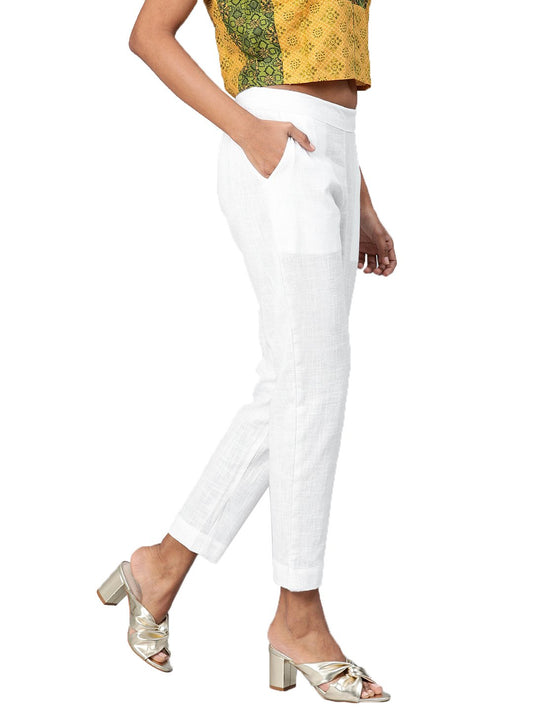 white-casual-trouser-10005015WH, Women Indian Ethnic Clothing, Cotton Pant