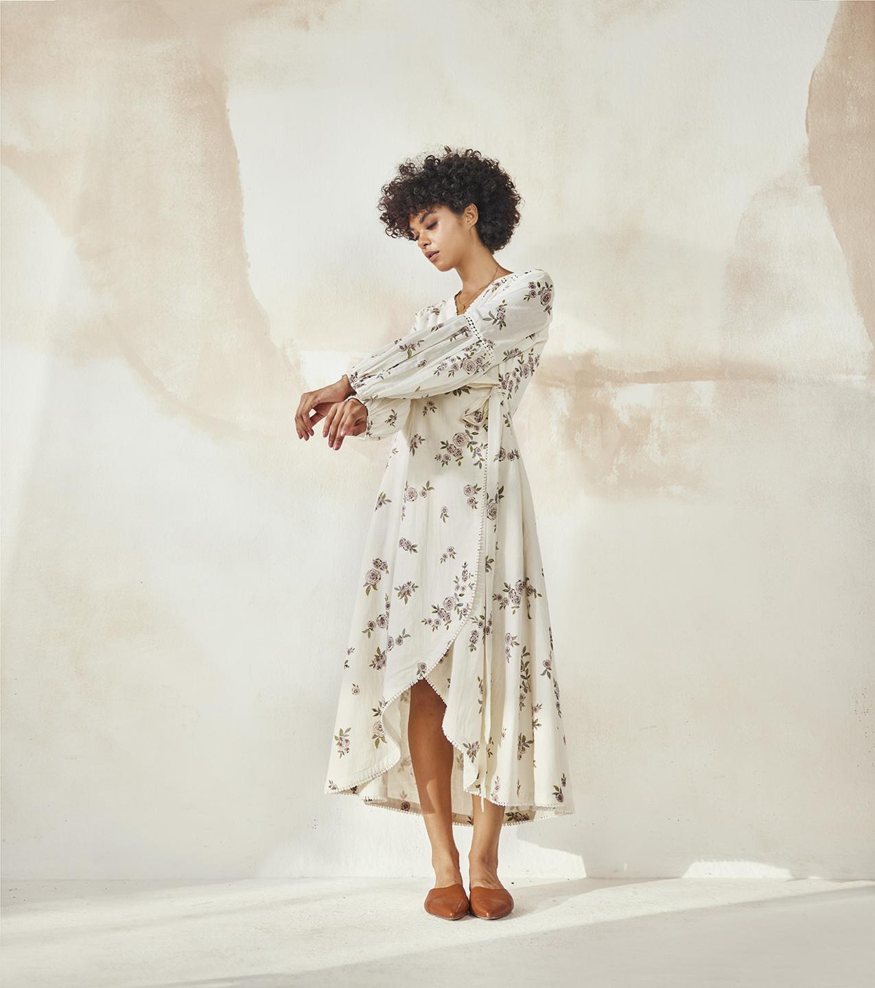 white-floral-printed-mulmul-midi-wrap-dress-11904075WH, Women Clothing, Mulmul Dress