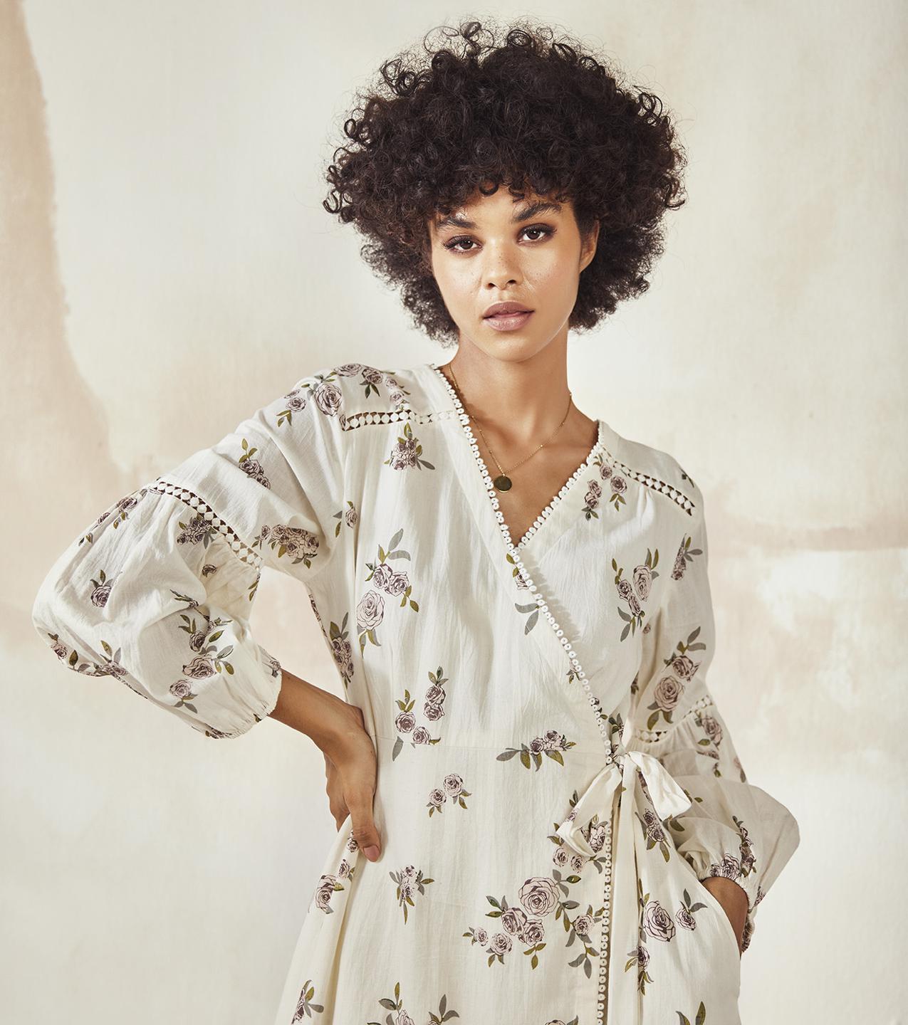 white-floral-printed-mulmul-midi-wrap-dress-11904075WH, Women Clothing, Mulmul Dress
