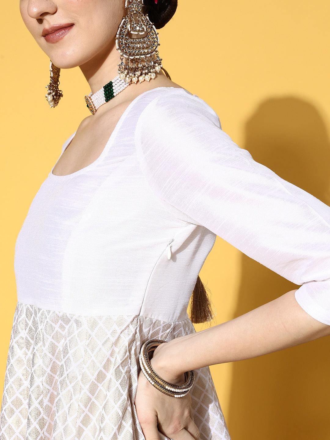 white-foil-print-anarkali-maxi-dress-10704048WH, Women Clothing, Silk Dress