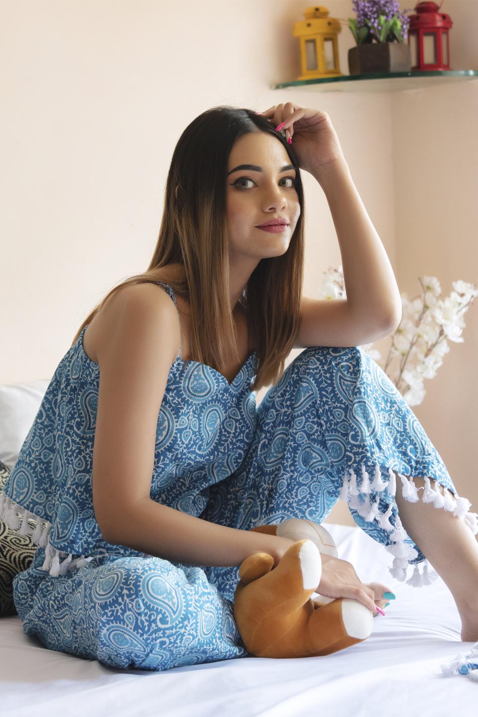 white-mogra-hand-block-night-set-11436070WH, Women Clothing, Cotton Sleep Set
