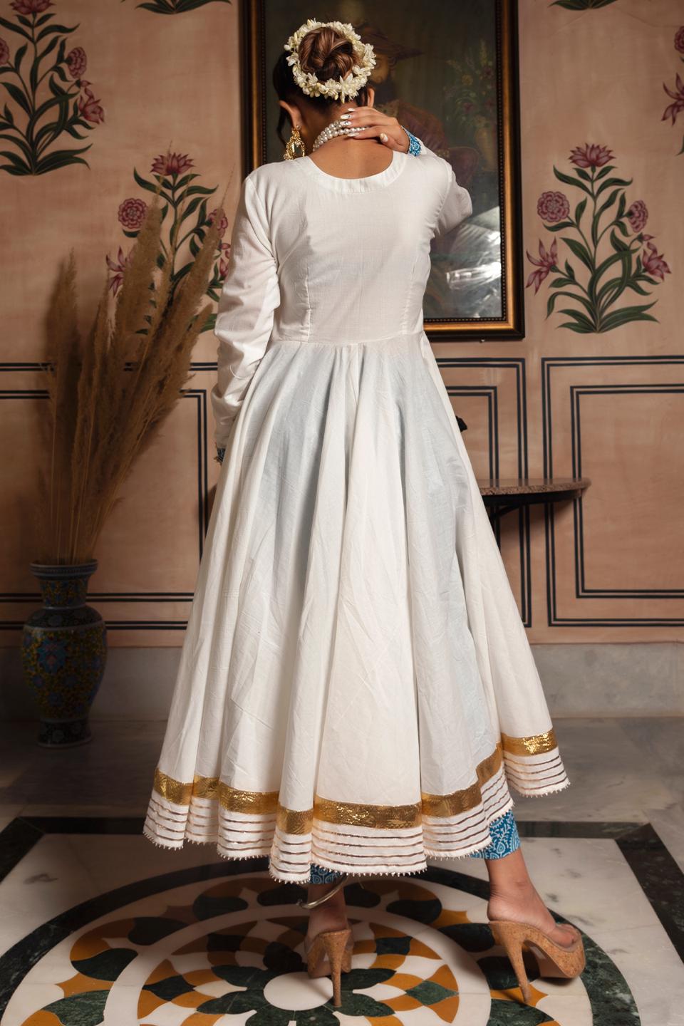 white-mogra-pure-cotton-angrakha-set-11403067WH, Women Indian Ethnic Clothing, Cotton Kurta Set Dupatta