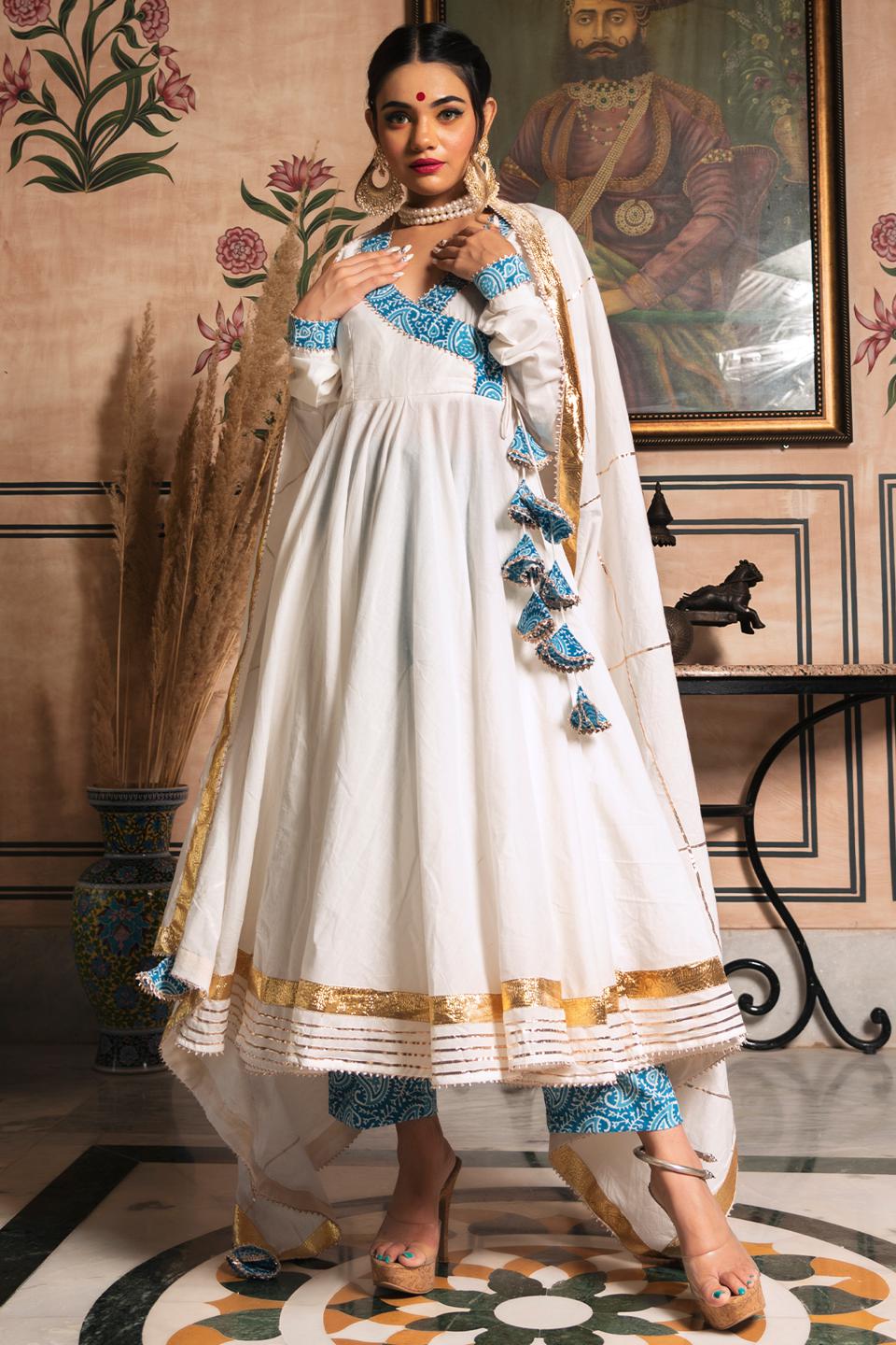 white-mogra-pure-cotton-angrakha-set-11403067WH, Women Indian Ethnic Clothing, Cotton Kurta Set Dupatta