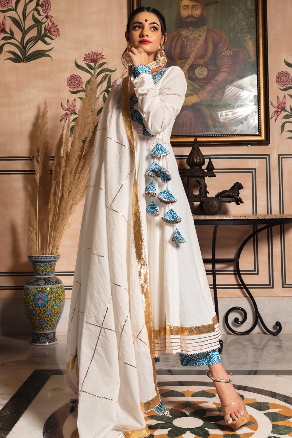 white-mogra-pure-cotton-angrakha-set-11403067WH, Women Indian Ethnic Clothing, Cotton Kurta Set Dupatta