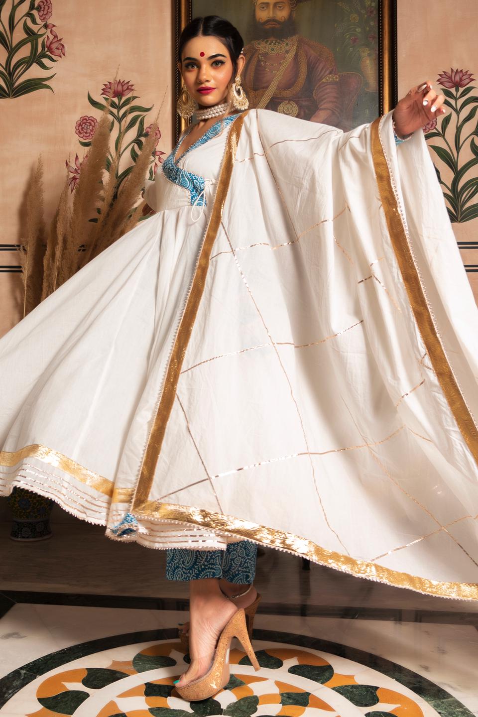 white-mogra-pure-cotton-angrakha-set-11403067WH, Women Indian Ethnic Clothing, Cotton Kurta Set Dupatta