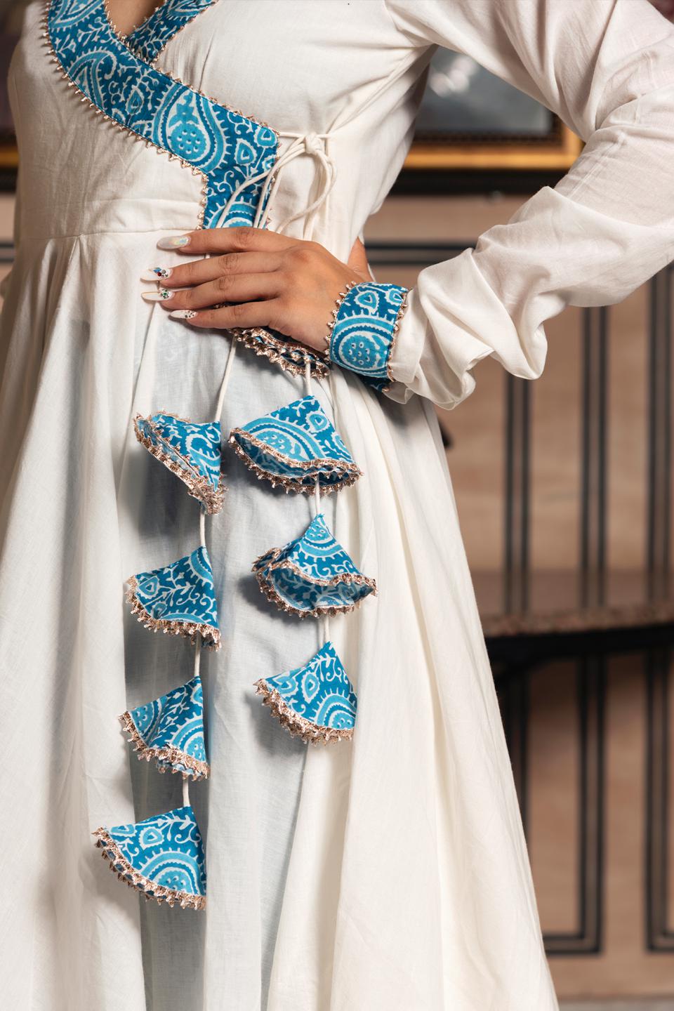 white-mogra-pure-cotton-angrakha-set-11403067WH, Women Indian Ethnic Clothing, Cotton Kurta Set Dupatta