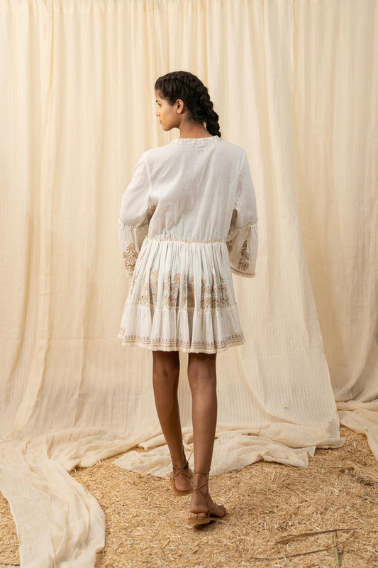 white-printed-lace-dress-11804029WH, Women Clothing, Cotton Dress
