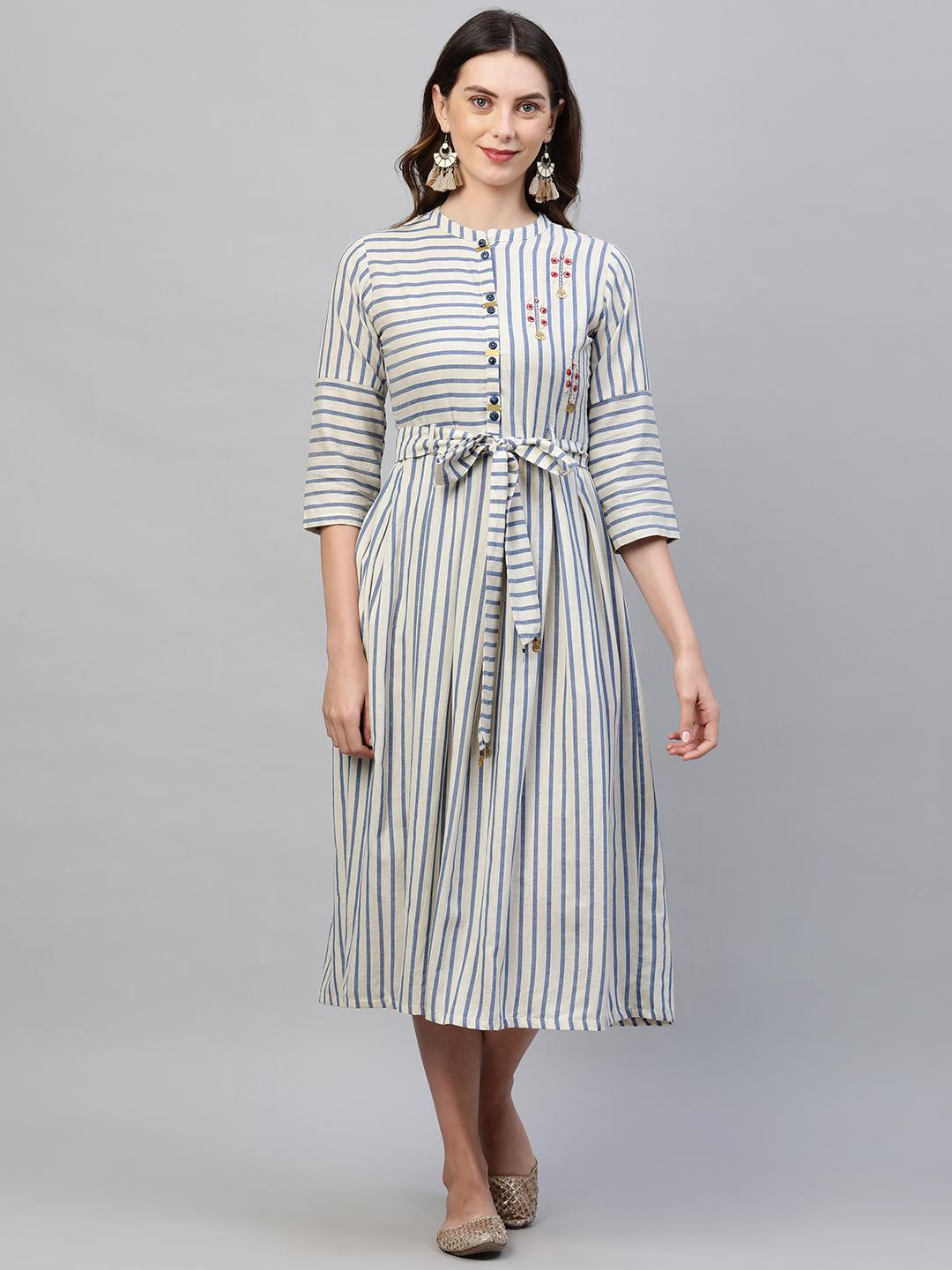 Shop Woven Striped A-Line Maxi Dress with A Fabric Belt for Womens in The USA
