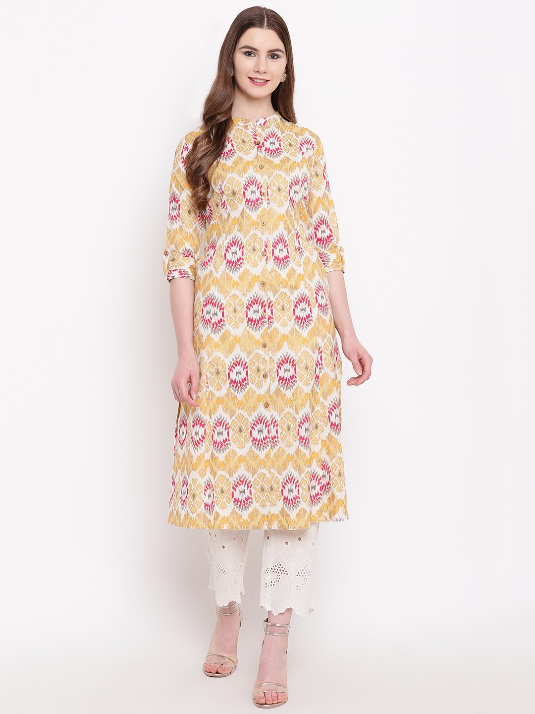 yellow-a-line-khadi-kurta-10001007YL, Women Indian Ethnic Clothing, Cotton Kurta