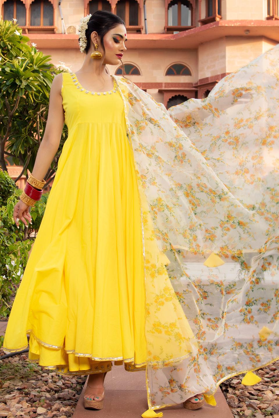 yellow-berry-cotton-anarkali-set-11403068YL, Women Indian Ethnic Clothing, Cotton Kurta Set Dupatta