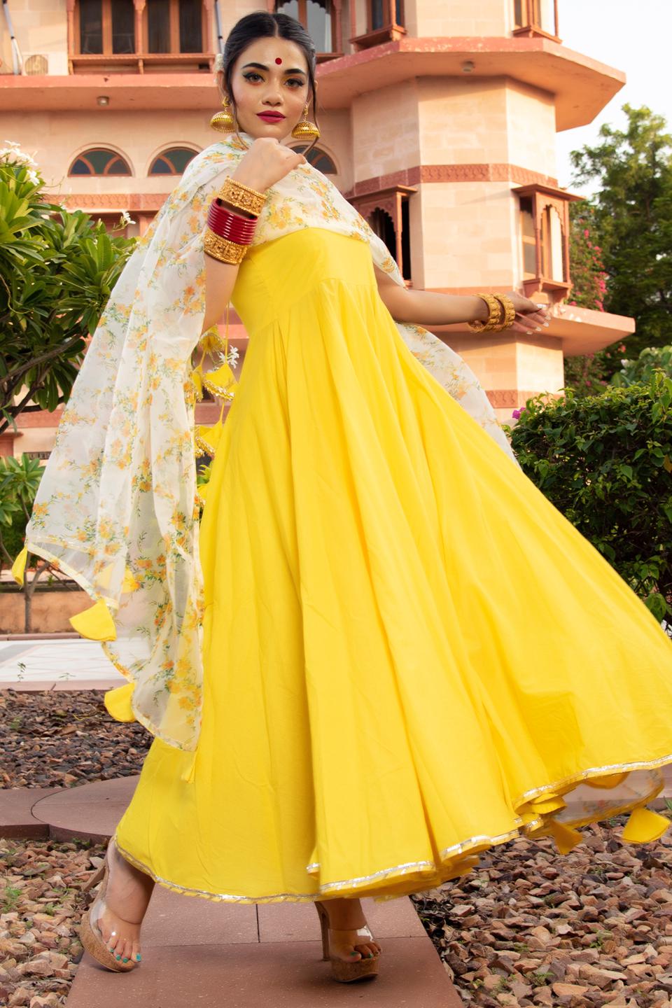 yellow-berry-cotton-anarkali-set-11403068YL, Women Indian Ethnic Clothing, Cotton Kurta Set Dupatta