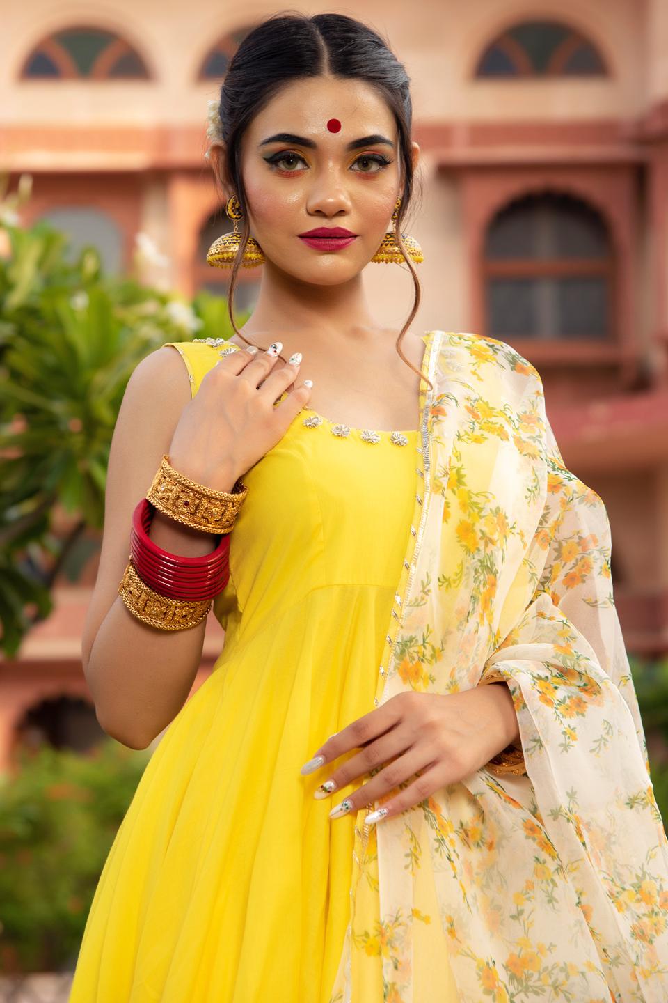 yellow-berry-cotton-anarkali-set-11403068YL, Women Indian Ethnic Clothing, Cotton Kurta Set Dupatta