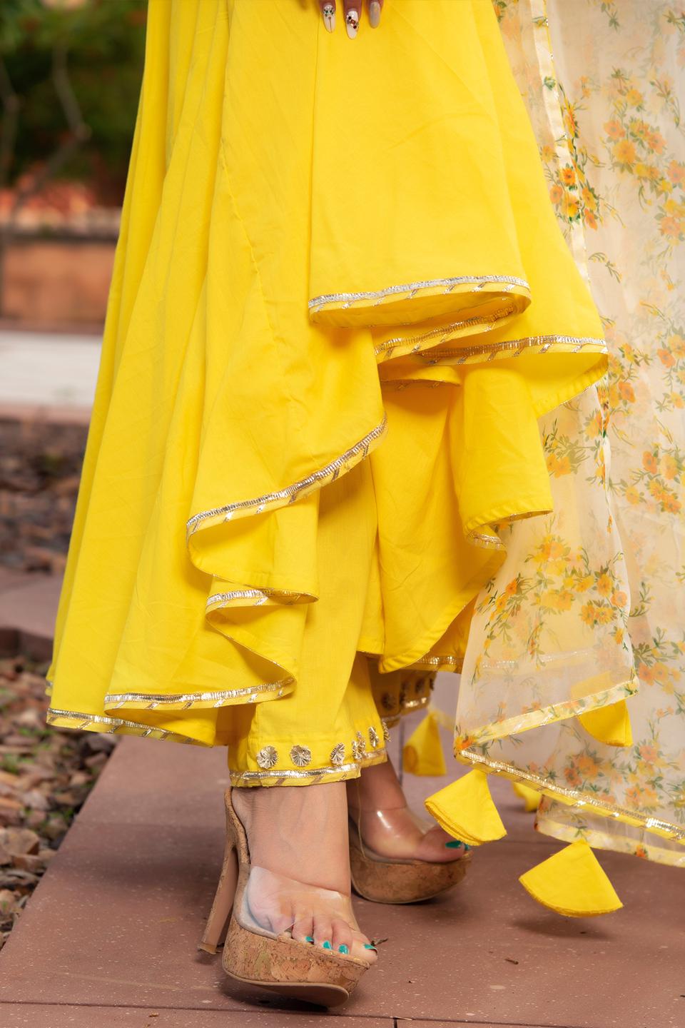 yellow-berry-cotton-anarkali-set-11403068YL, Women Indian Ethnic Clothing, Cotton Kurta Set Dupatta