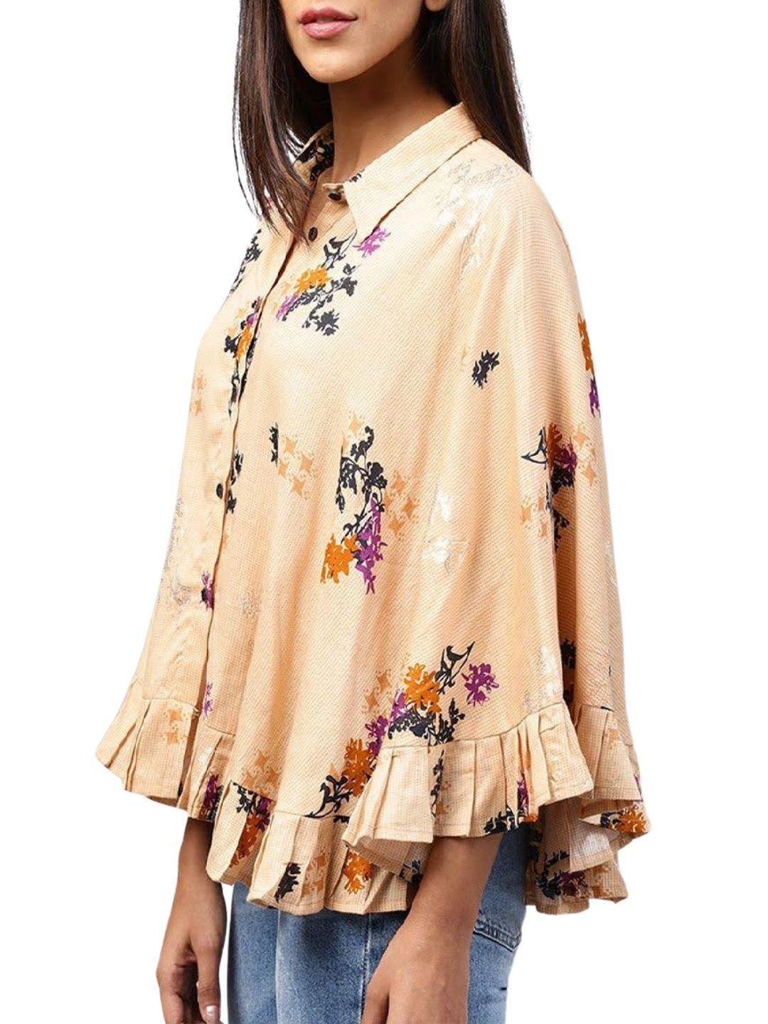 yellow-front-open-banglori-printed-poncho-tops-10207112YL, Women Clothing, Cotton Top