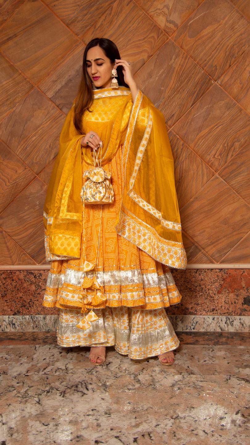yellow-leaf-cotton-anarkali-palazzo-set-11403081YL, Women Indian Ethnic Clothing, Cotton Kurta Set Dupatta