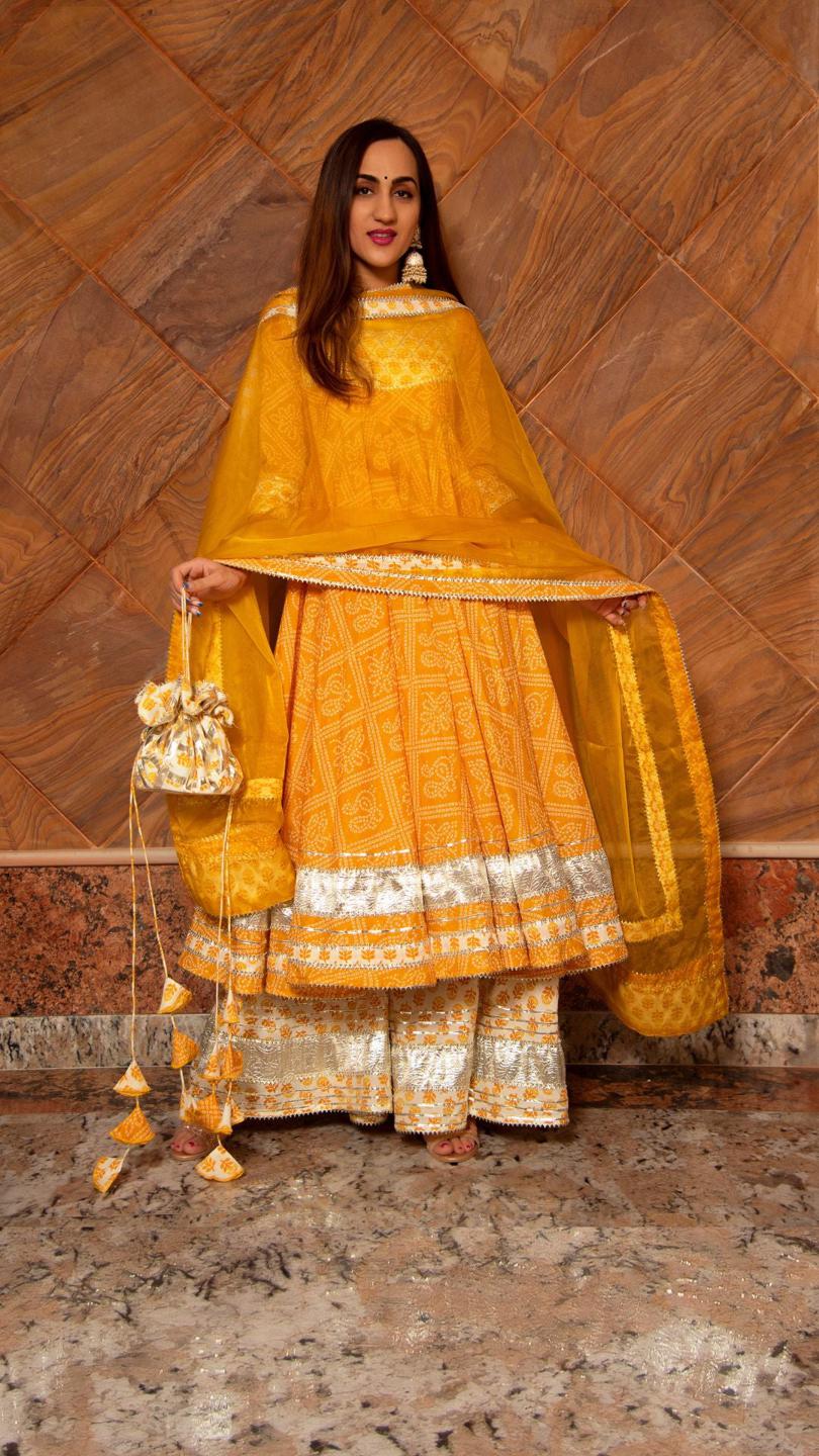 yellow-leaf-cotton-anarkali-palazzo-set-11403081YL, Women Indian Ethnic Clothing, Cotton Kurta Set Dupatta