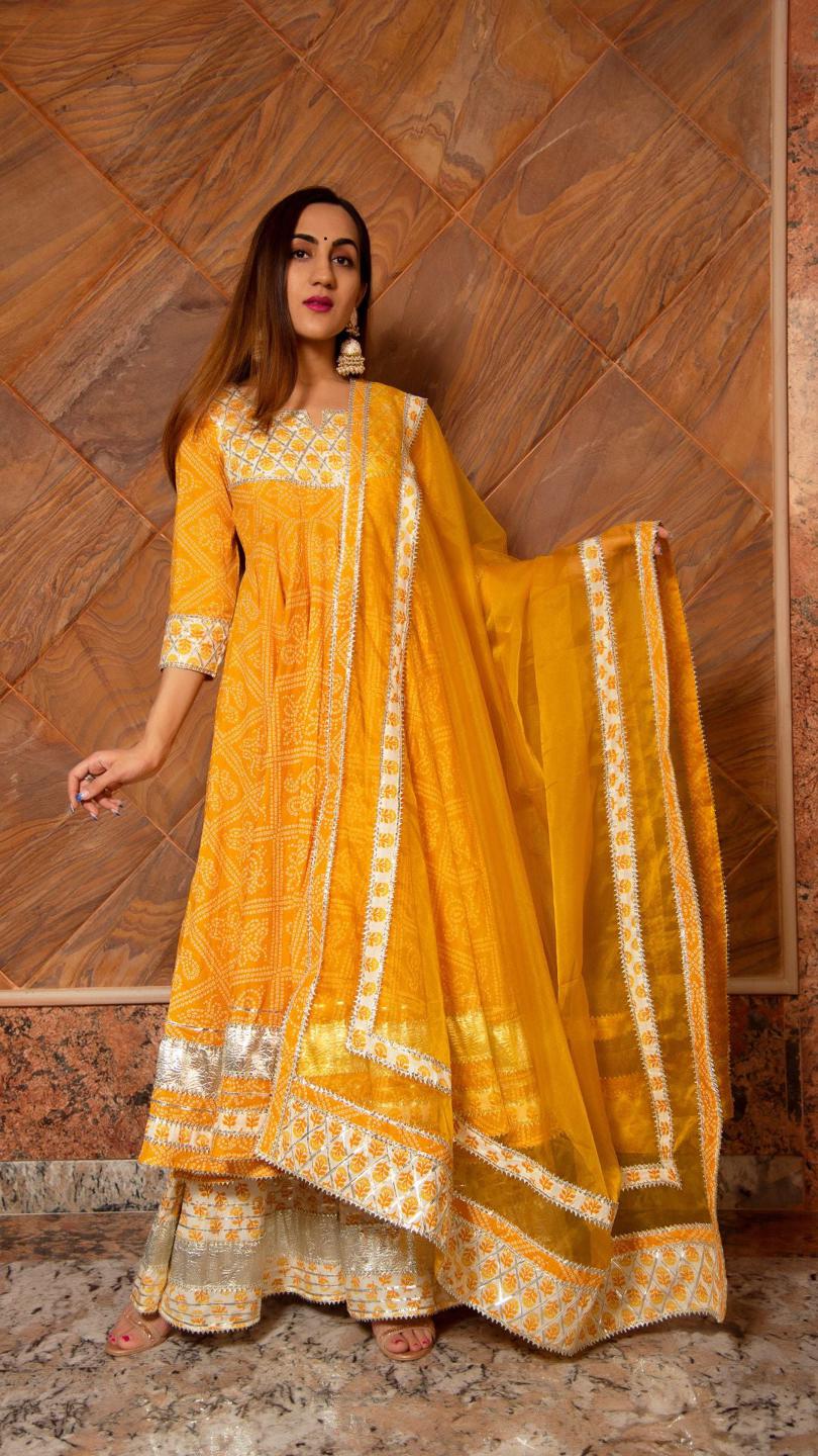 yellow-leaf-cotton-anarkali-palazzo-set-11403081YL, Women Indian Ethnic Clothing, Cotton Kurta Set Dupatta