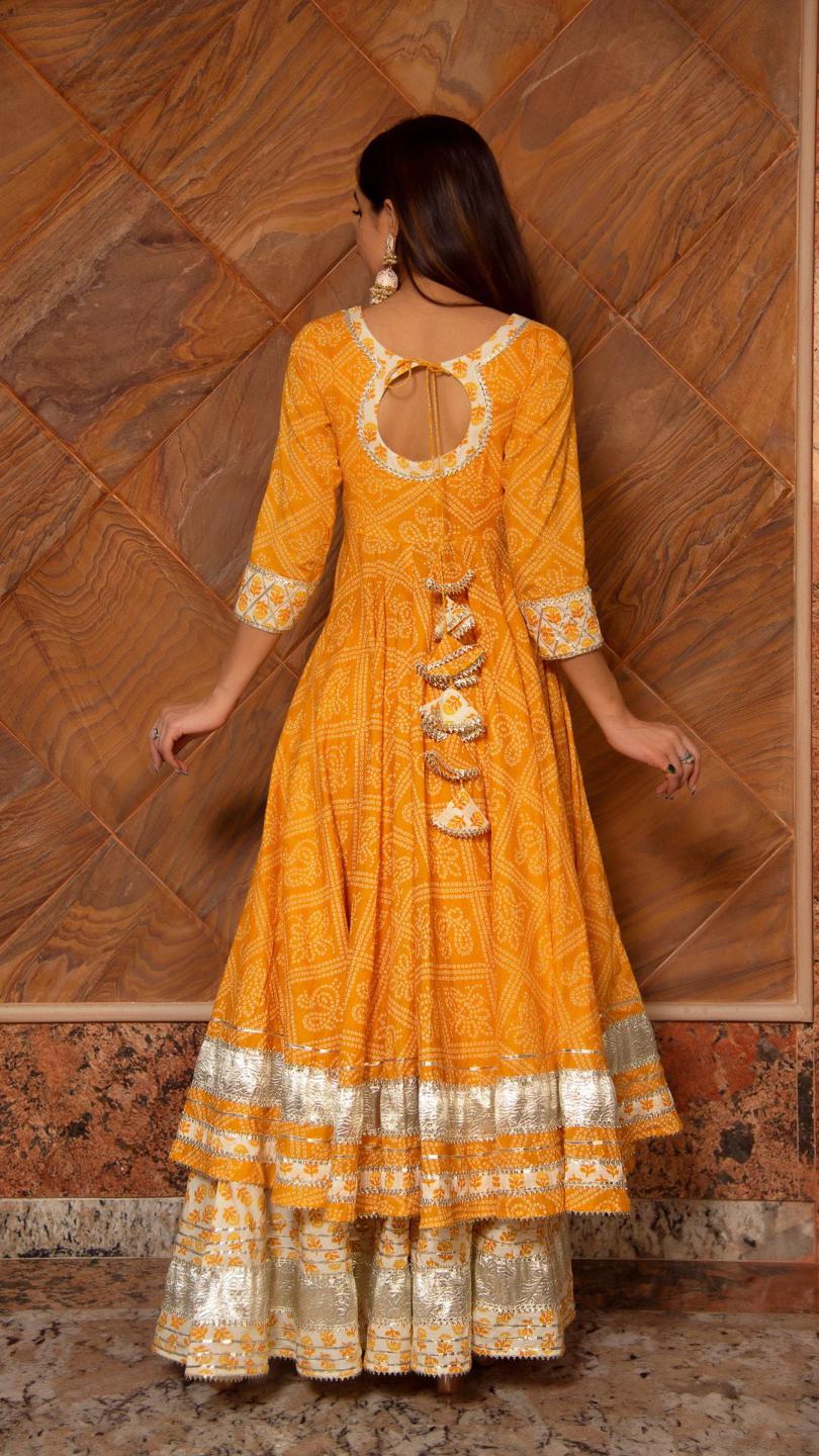 yellow-leaf-cotton-anarkali-palazzo-set-11403081YL, Women Indian Ethnic Clothing, Cotton Kurta Set Dupatta