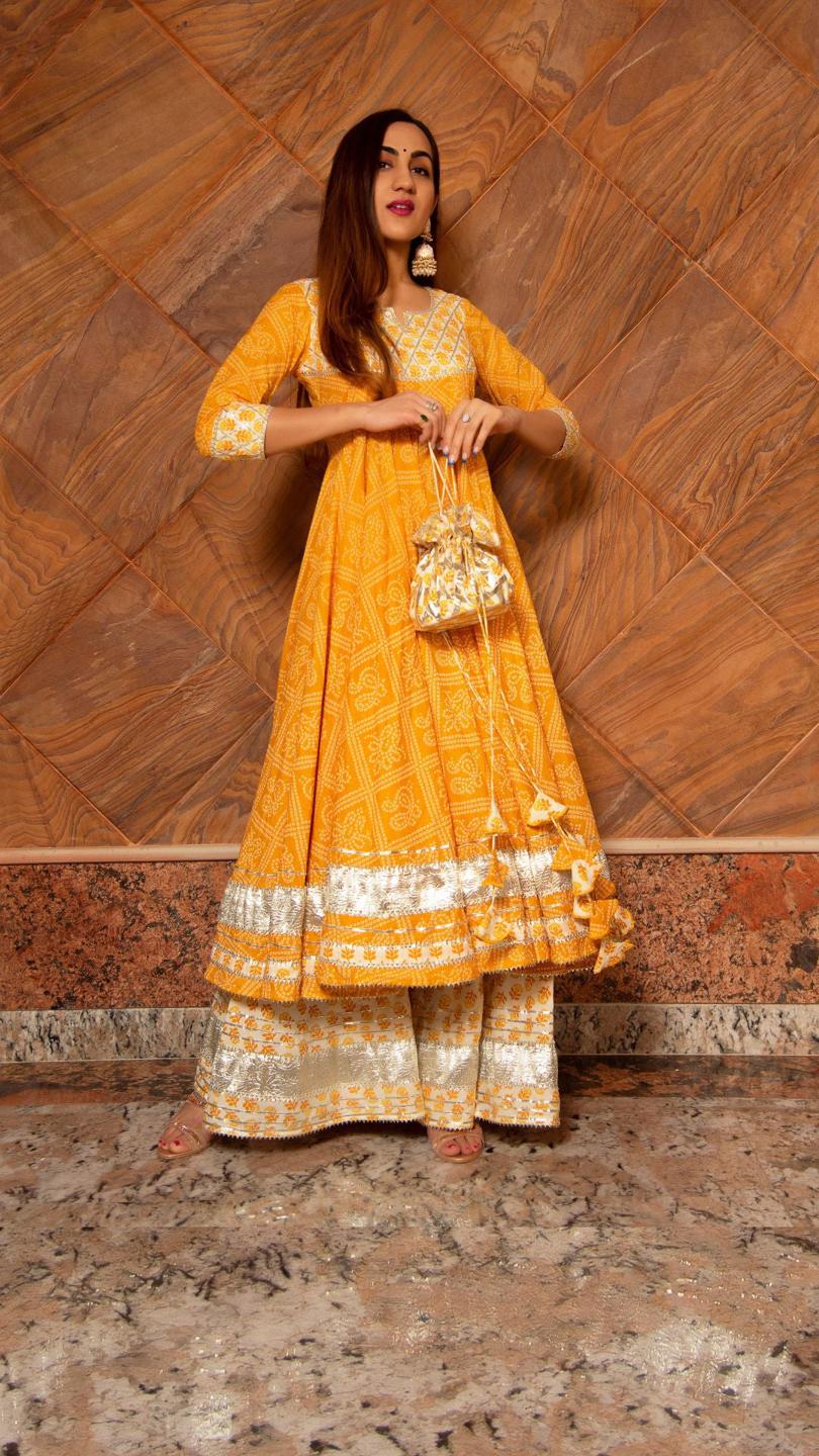yellow-leaf-cotton-anarkali-palazzo-set-11403081YL, Women Indian Ethnic Clothing, Cotton Kurta Set Dupatta