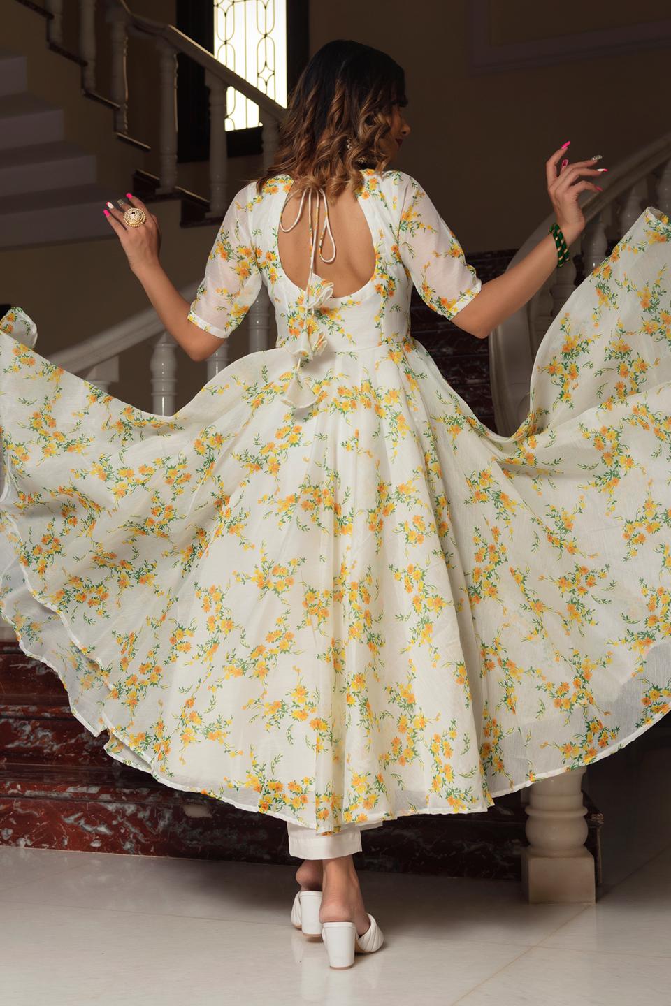 yellow-phool-organza-anarkali-set-11403069YL, Women Indian Ethnic Clothing, Cotton Kurta Set Dupatta