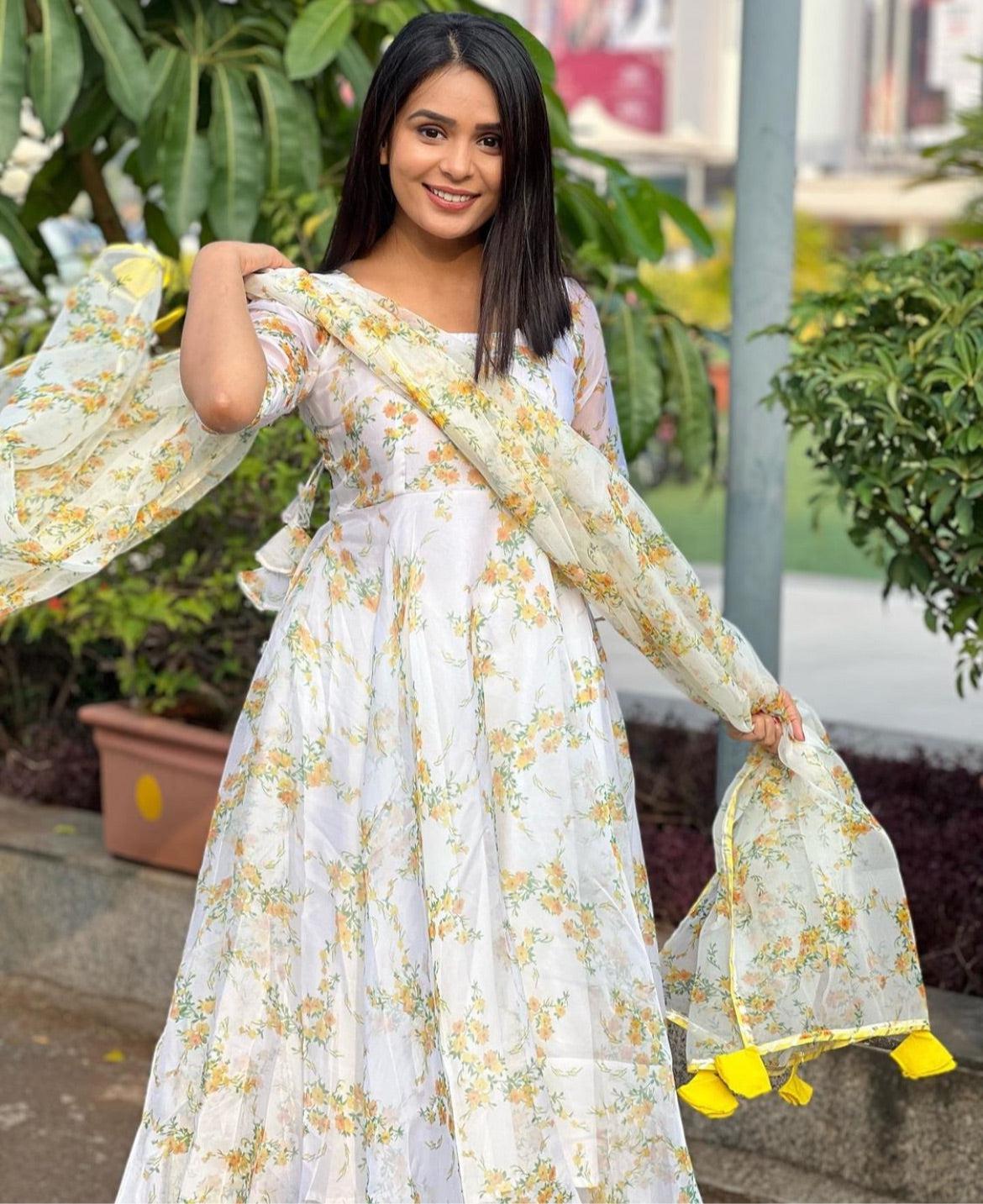 yellow-phool-organza-anarkali-set-11403069YL, Women Indian Ethnic Clothing, Cotton Kurta Set Dupatta