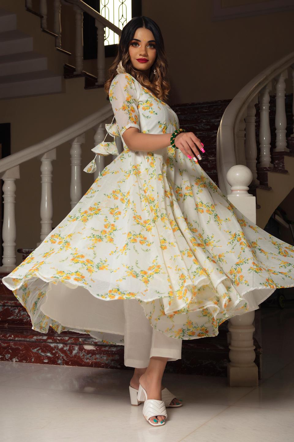 yellow-phool-organza-anarkali-set-11403069YL, Women Indian Ethnic Clothing, Cotton Kurta Set Dupatta