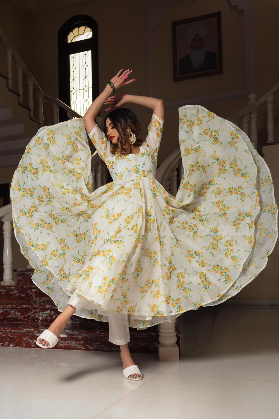 yellow-phool-organza-anarkali-set-11403069YL, Women Indian Ethnic Clothing, Cotton Kurta Set Dupatta