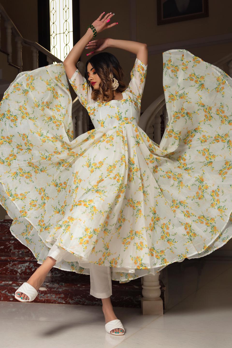 yellow-phool-organza-anarkali-set-11403069YL, Women Indian Ethnic Clothing, Cotton Kurta Set Dupatta