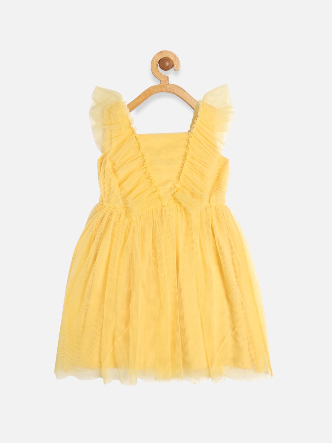 yellow-pleated-net-dress-10510099YL, Kids Clothing, Net Girl Dress