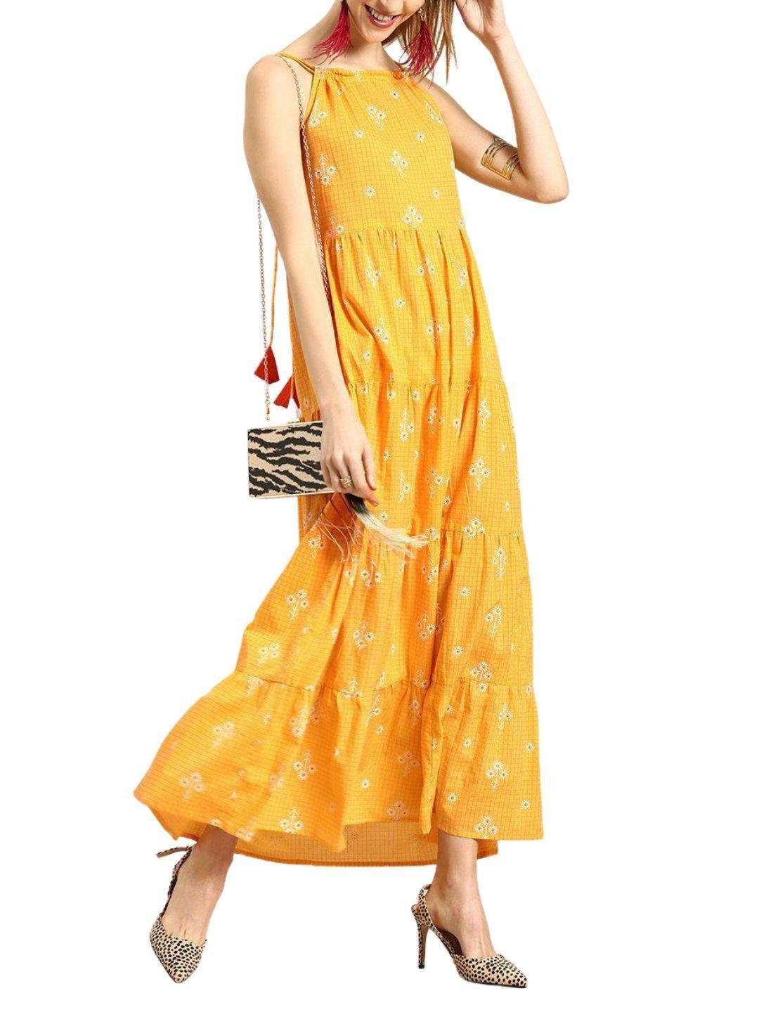 yellow-printed-maxi-dress-10204104YL, Women Clothing, Cotton Dress