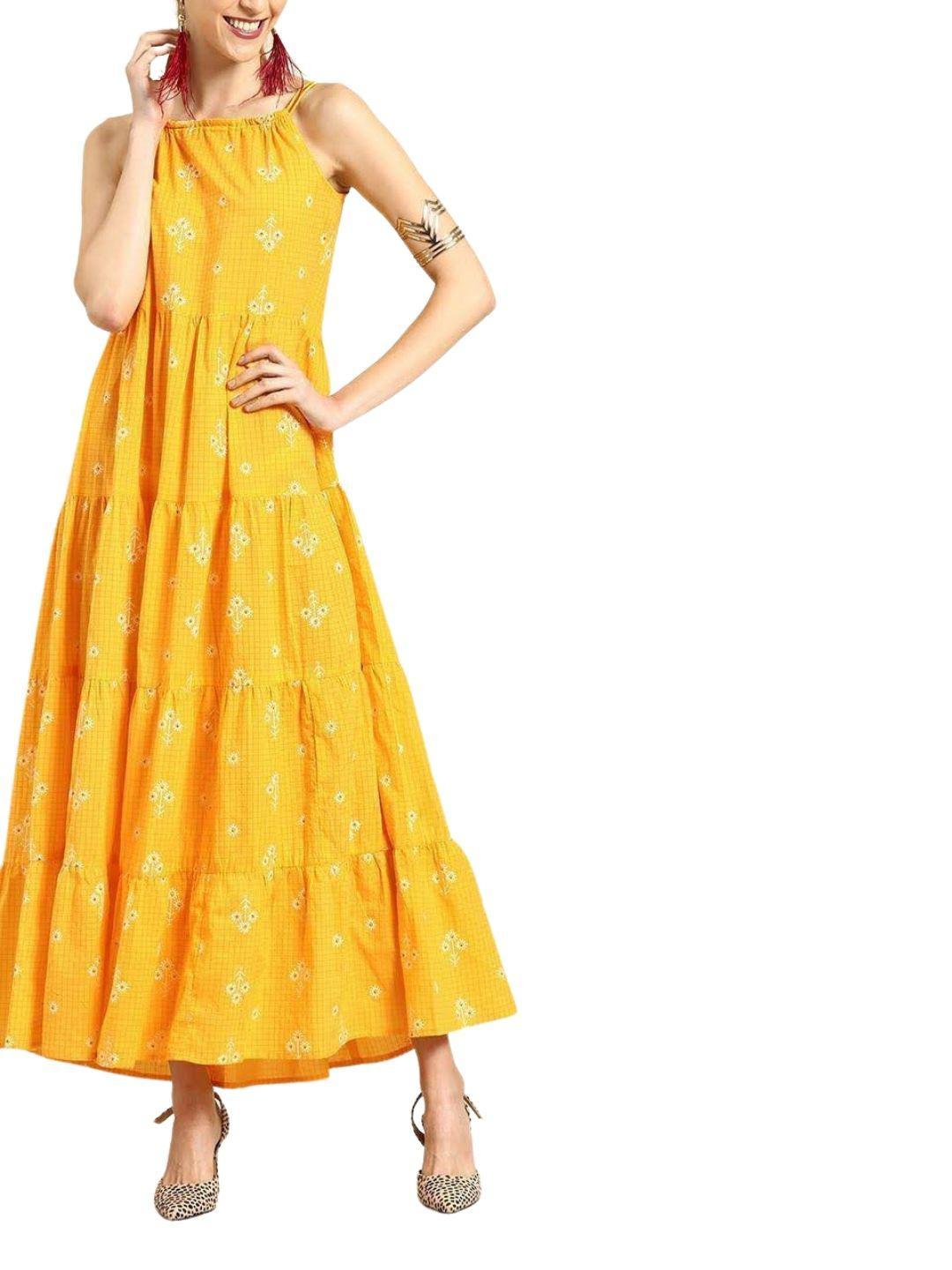 yellow-printed-maxi-dress-10204104YL, Women Clothing, Cotton Dress