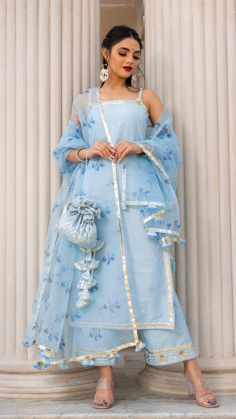 zaara-blue-suit-set-11403072BL, Women Indian Ethnic Clothing, Cotton Silk Kurta Set Dupatta