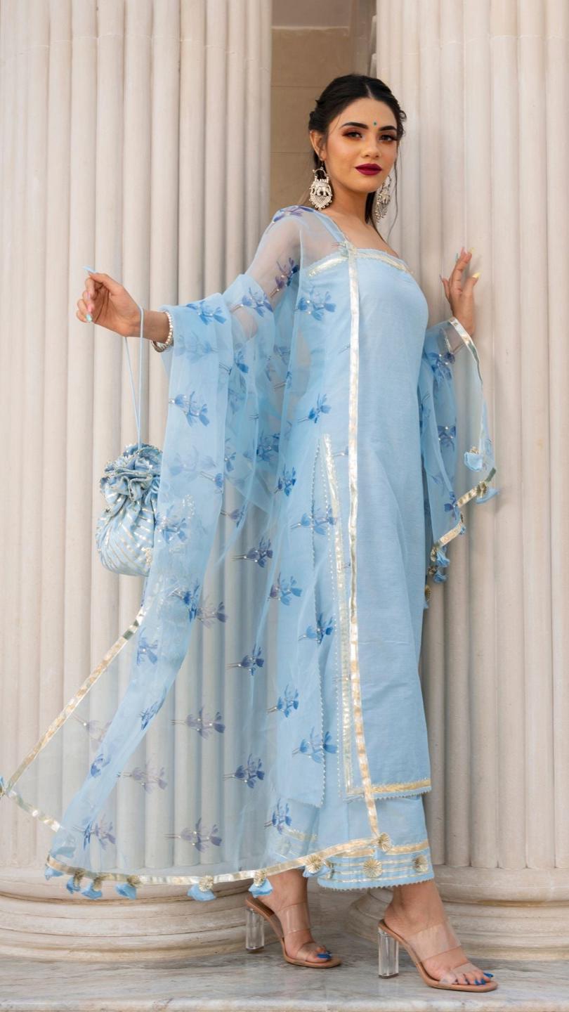 zaara-blue-suit-set-11403072BL, Women Indian Ethnic Clothing, Cotton Silk Kurta Set Dupatta