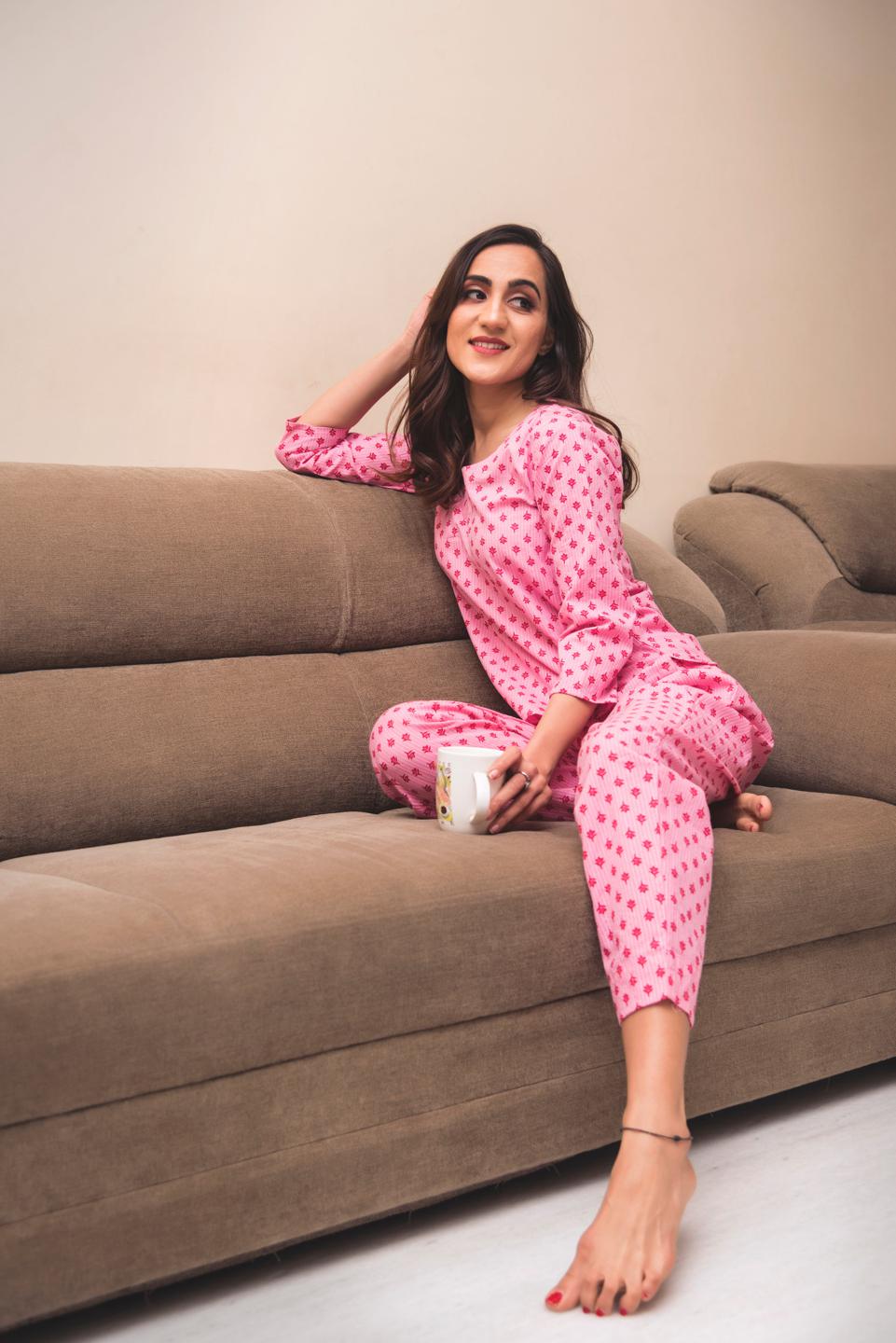 zinnia-pink-hand-block-print-cotton-night-set-11436061PK, Women Clothing, Cotton Sleep Set