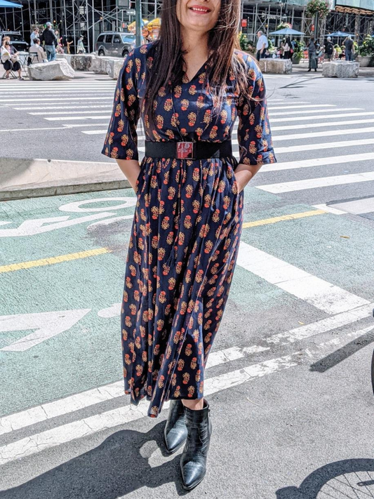 Navy Blue & Yellow Maxi Dress