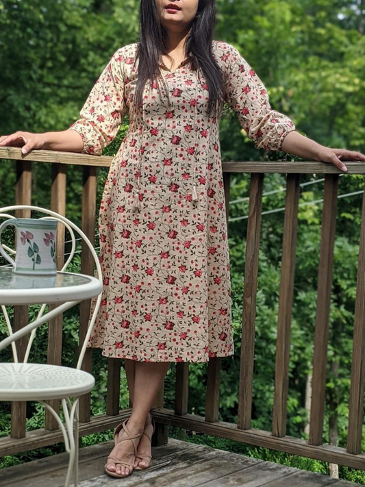 Beige & Red Floral Print A-Line Dress