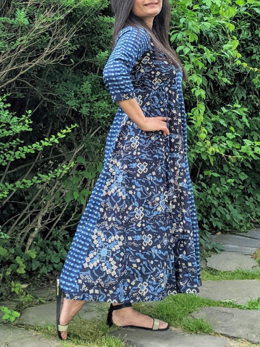 Navy Blue Printed A-Line Dress